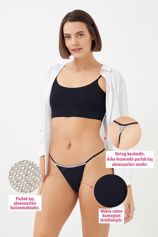 Mikro Saten Ön ve Arka Taş Detaylı Kadın String Külot 4'lü Paket - 3