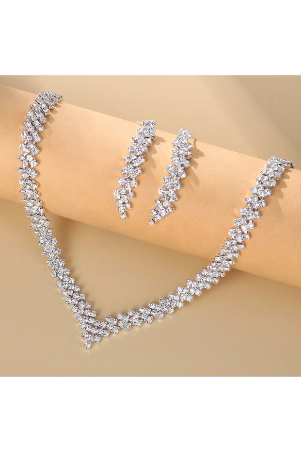 Silver Plated Elegant Rhinestone Crystal Bridal Jewelry for Women V Shape Choker Necklace Earrings S