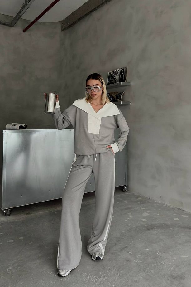Kadın Şeritli Gri-Ekru Sweatshirt Eşofman Modal Takım - 3