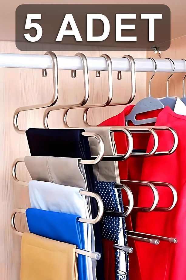 5 Adet 5 Katlı Metal Pantolon ve Şal Askısı Dolap İçi Eşarp Askısı Çoklu Askılık - 1
