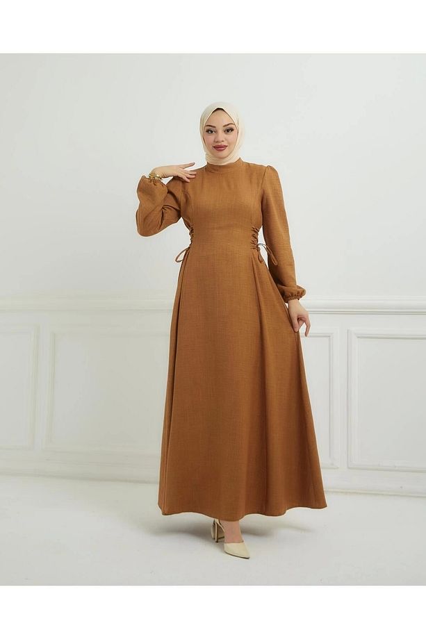 Yandan Biye Bağcıklı Sofya Keten Elbise - 1