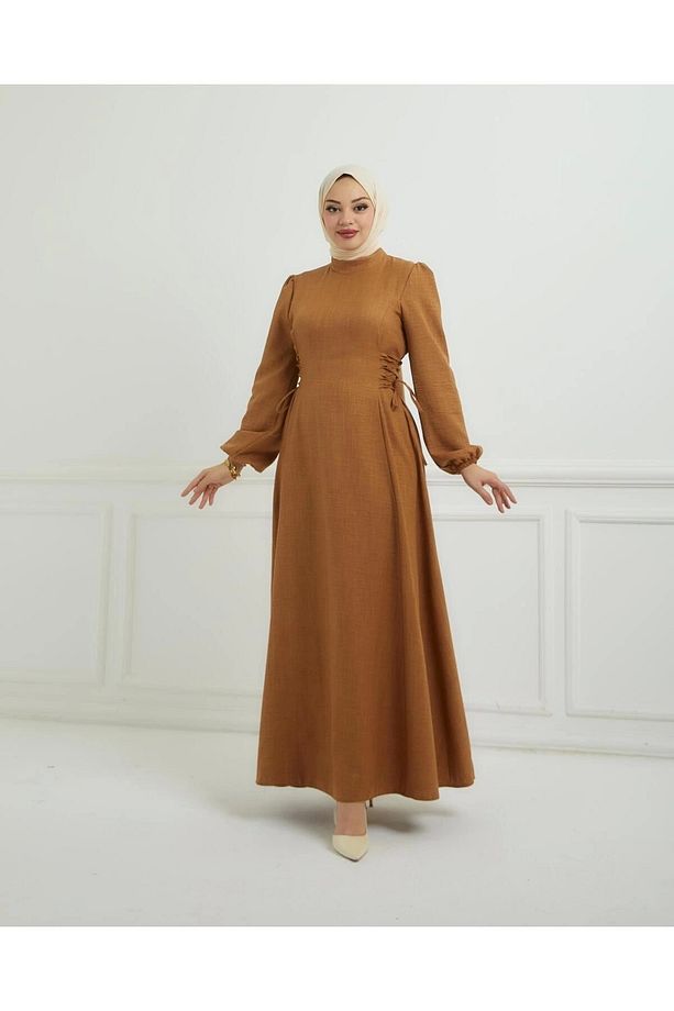 Yandan Biye Bağcıklı Sofya Keten Elbise - 7