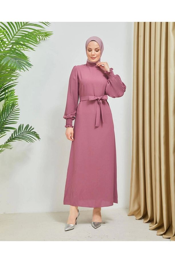 Kolları Piliseli Manşet Gipe Detaylı Krep Kumaş Elbise 7989 - 2