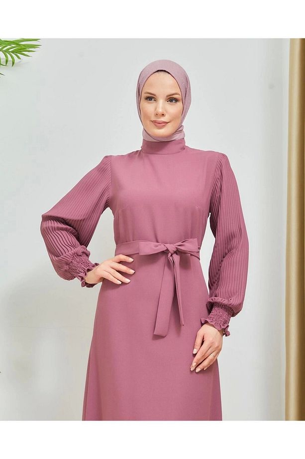 Kolları Piliseli Manşet Gipe Detaylı Krep Kumaş Elbise 7989 - 6