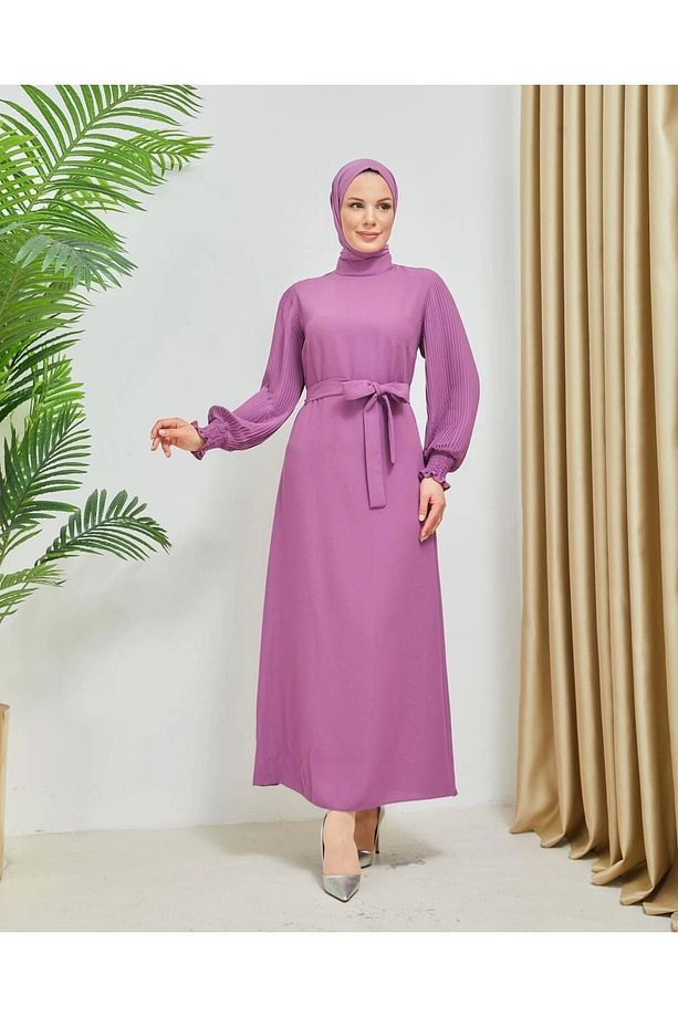 Kolları Piliseli Manşet Gipe Detaylı Krep Kumaş Elbise 7989 - 2