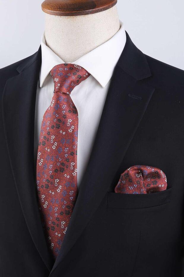 Classic Tie with Orange Flower Pattern Handkerchief Kk13157
