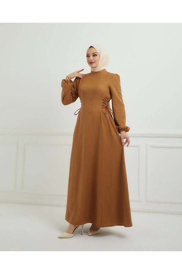 Yandan Biye Bağcıklı Sofya Keten Elbise - 5