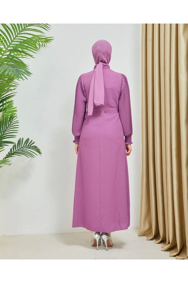 Kolları Piliseli Manşet Gipe Detaylı Krep Kumaş Elbise 7989 - 7