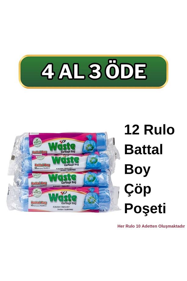 Battal Boy Çöp Poşeti 75x90 Cm 12'li Rulo 120 Adet - Dayanıklı Ve Sızdırmaz - 1