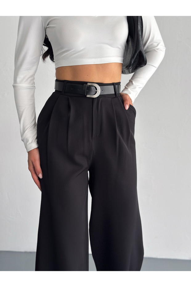 Women's Palazzo Dabil Fabric Pants Wide Leg Light Lycra Belt Detail Model
