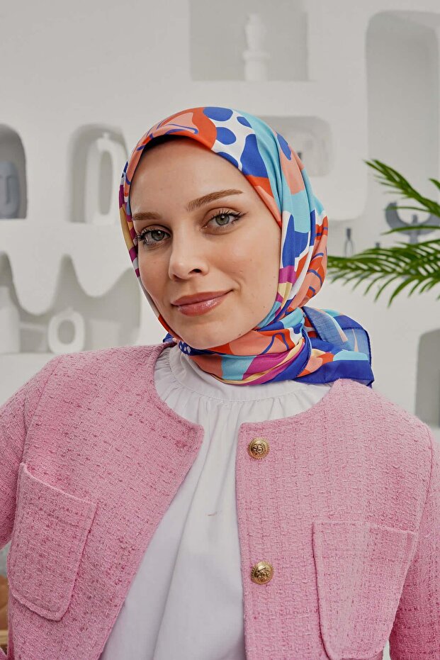 وشاح قطني ناعم منقوش بأوراق الشجر الزرقاء - 1