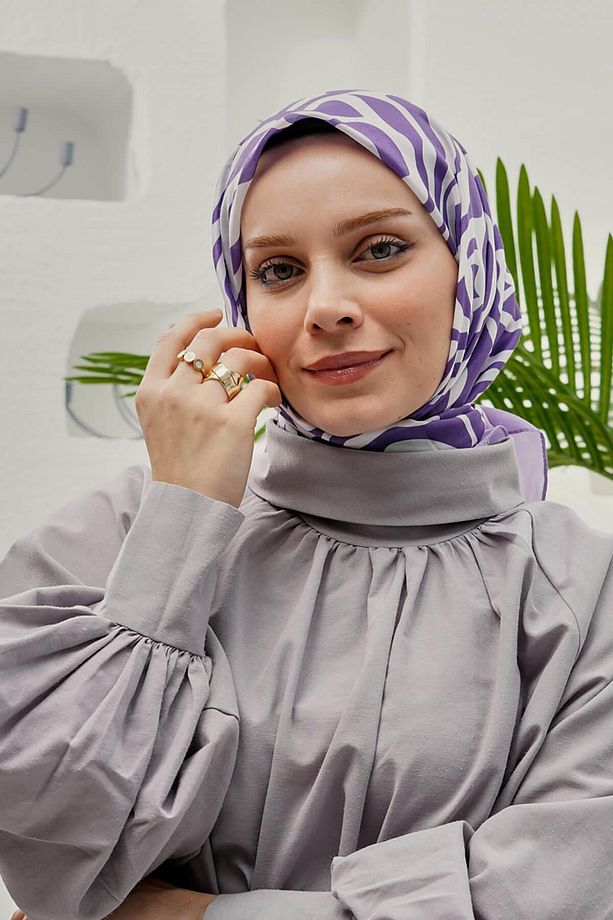 Yaprak Desen Mor Soft Pamuk Eşarp - 3