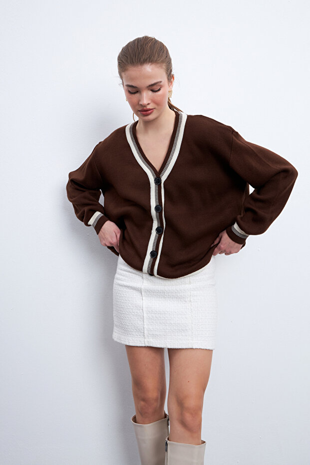 Brown Color Block Striped Low Shoulder Button Front Cardigan