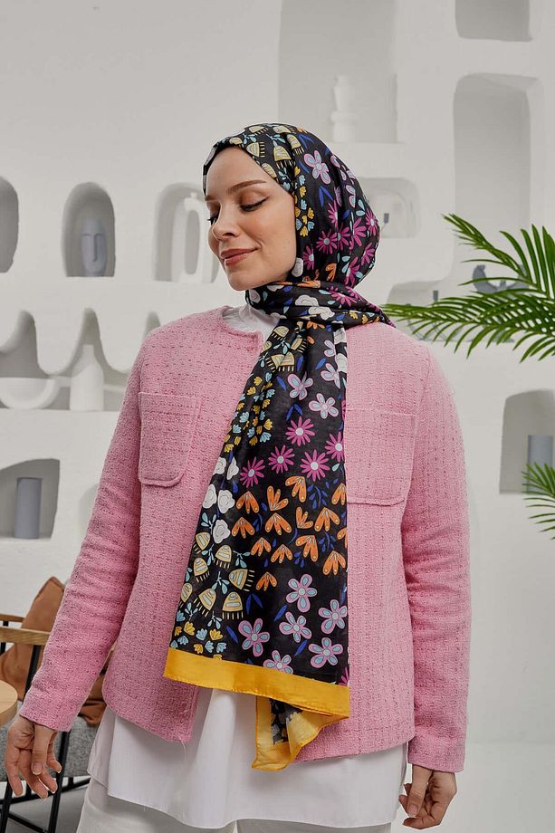 Çiçek Desen Sarı Soft Pamuk Şal - 4
