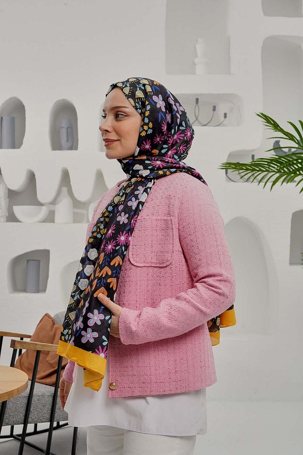Çiçek Desen Sarı Soft Pamuk Şal - 3