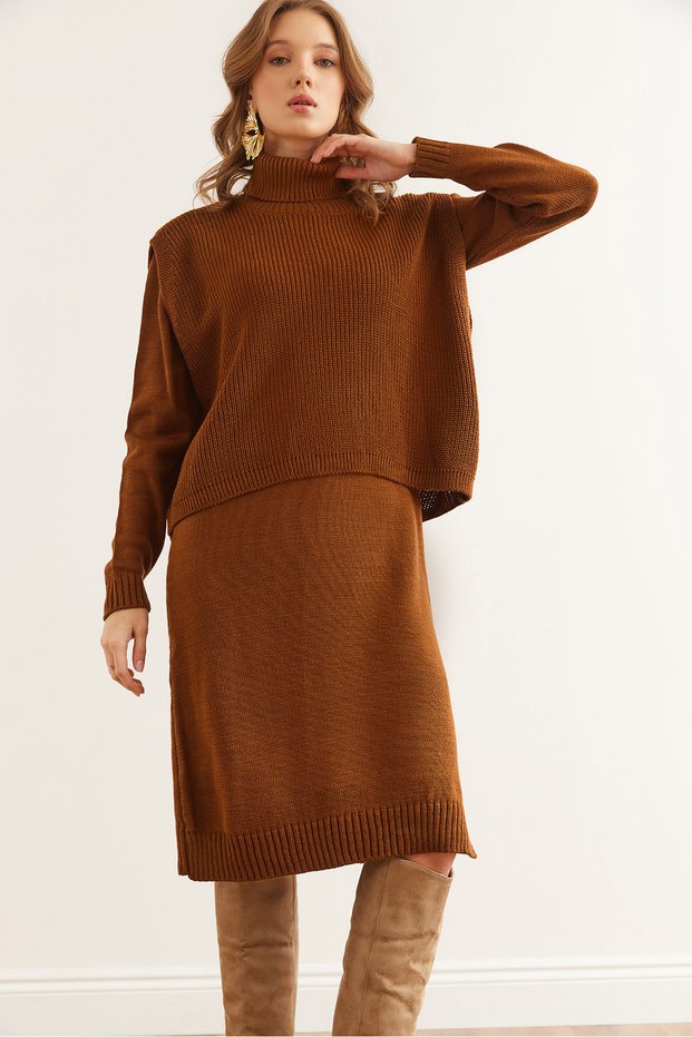 Women's camel hair dress fisherman sweater knitwear set tkm-19000356