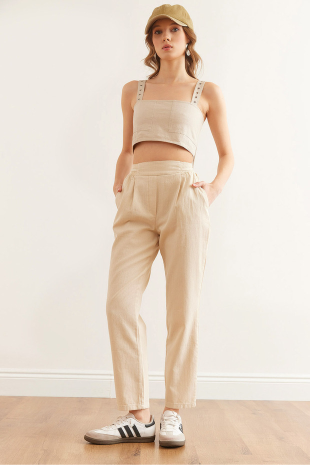 Women's Stone Waistband Guipure Detailed Pocketed Lace-Up Linen Trousers Pnt-19000316