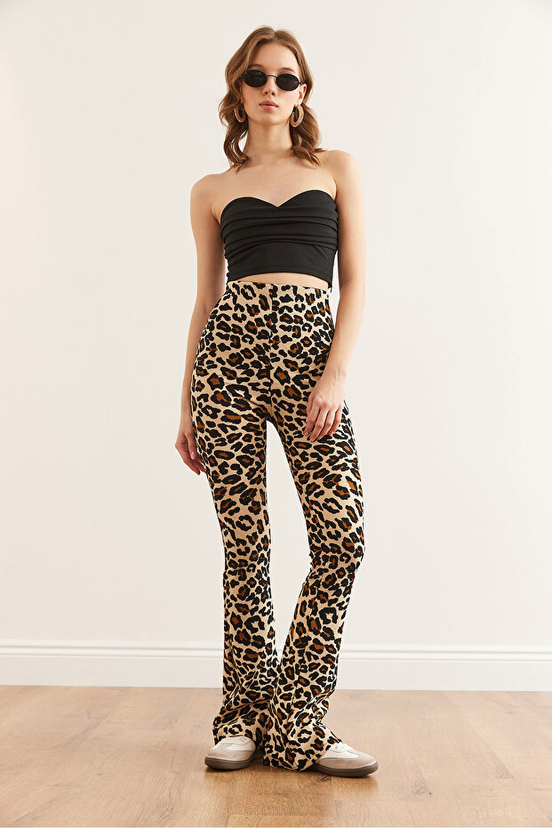 Kadın Leopar Taş İspanyol Paça Fitilli Tayt TYT-19000090 - 2