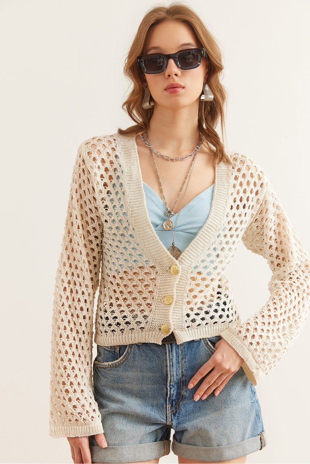 Ecru Gold Openwork Cotton Knitwear Seasonal Cardigan - Hrk- 19000343