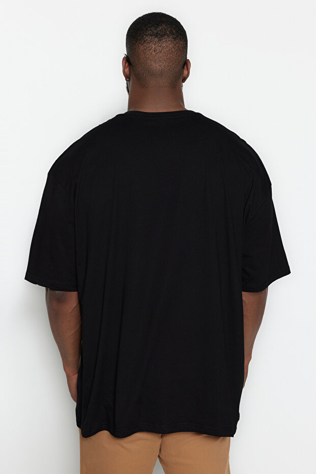 Büyük Beden Siyah Oversize/Geniş Kesim %100 Dinozor Nakışlı T-Shirt TMNSS24BF00013 - 2