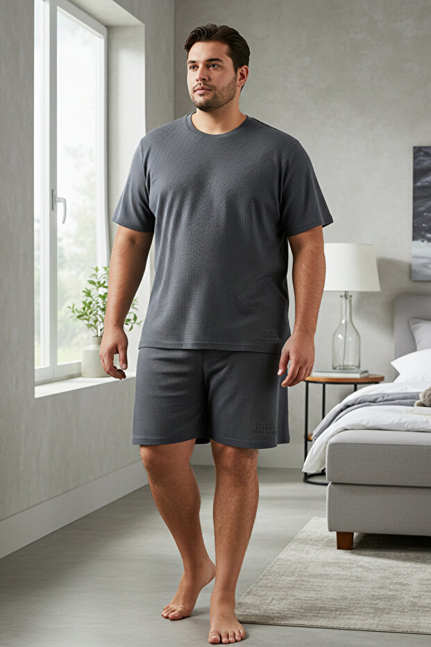 Antrasit Regular Fit Waffle Örme Şortlu Büyük Beden Pijama Takımı TMNSS25AI00005 - 1