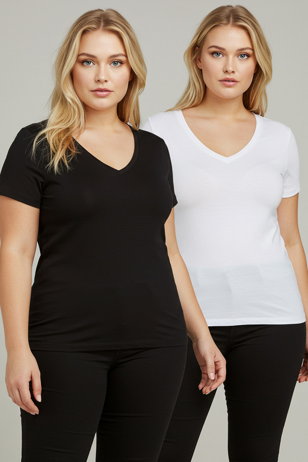 Siyah-Beyaz 2'li Paket Basic V Yaka %100 Pamuk Örme Büyük Beden T-Shirt TBBSS22TS0705 - 1