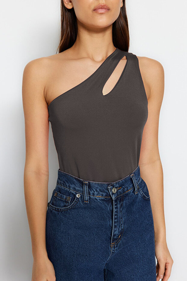 Antrasit Asimetrik Yaka Cut Out Detaylı Esnek Çıtçıtlı Örme Body TWOSS23BD00014 - 4