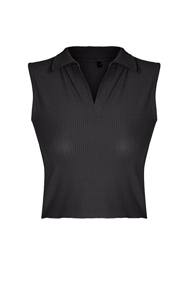 Antrasit Fitted/Vücuda Oturan Polo Yaka Crop Esnek Örme Bluz TWOSS22BZ0335 - 6