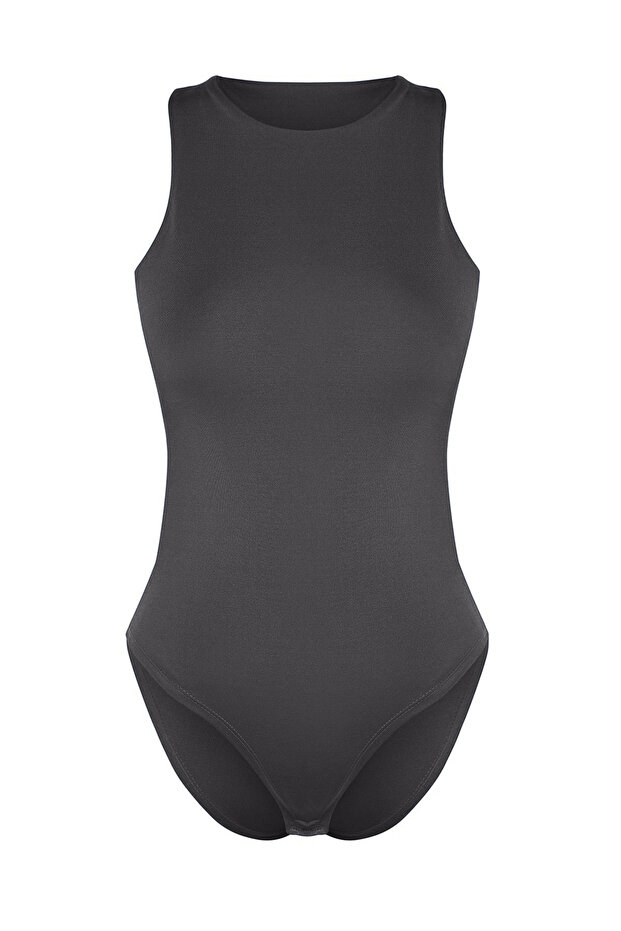 Antrasit Halter Yaka Vücuda Oturan Esnek Alttan Çıtçıtlı Örme Body TWOSS20BD0044 - 7