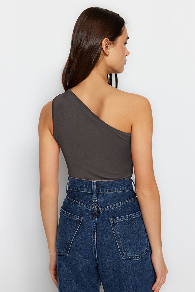 Antrasit Asimetrik Yaka Cut Out Detaylı Esnek Çıtçıtlı Örme Body TWOSS23BD00014 - 5