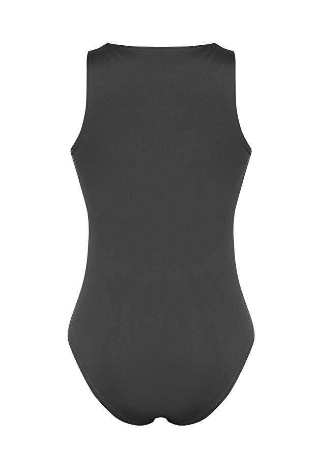 Antrasit Halter Yaka Vücuda Oturan Esnek Alttan Çıtçıtlı Örme Body TWOSS20BD0044 - 8