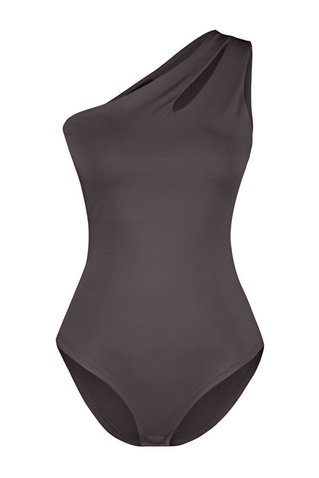Antrasit Asimetrik Yaka Cut Out Detaylı Esnek Çıtçıtlı Örme Body TWOSS23BD00014 - 6