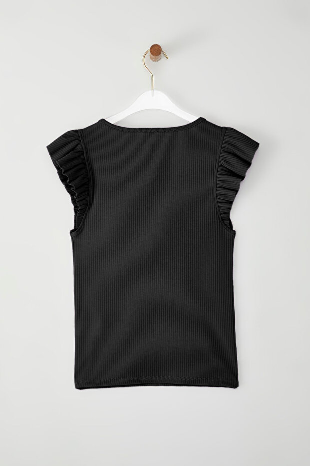 Siyah Fitted/Vücuda Oturan Fırfırlı Örme Bluz TWOSS25BZ00215 - 6