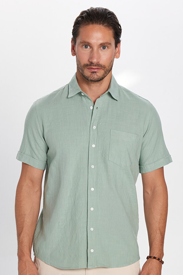 Erkek Regular Fit Klasik Kesim %100 Pamuk Keten Doku Cepli Yeşil Gömlek - 3
