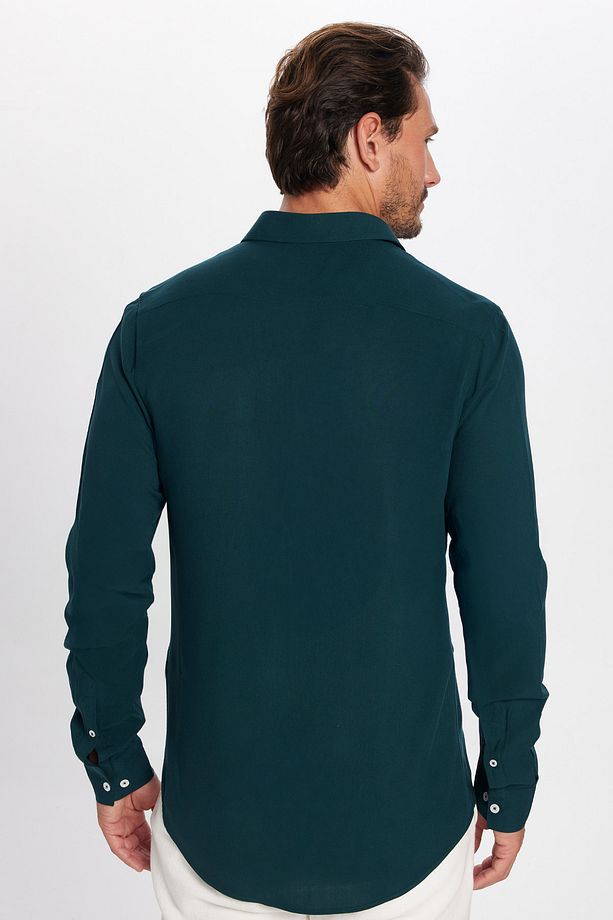 Slim Fit Uzun Kollu Dar Kesim Dökümlü Viskon Şık Erkek Yeşil Gömlek - 5