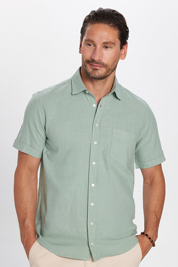 Erkek Regular Fit Klasik Kesim %100 Pamuk Keten Doku Cepli Yeşil Gömlek - 1