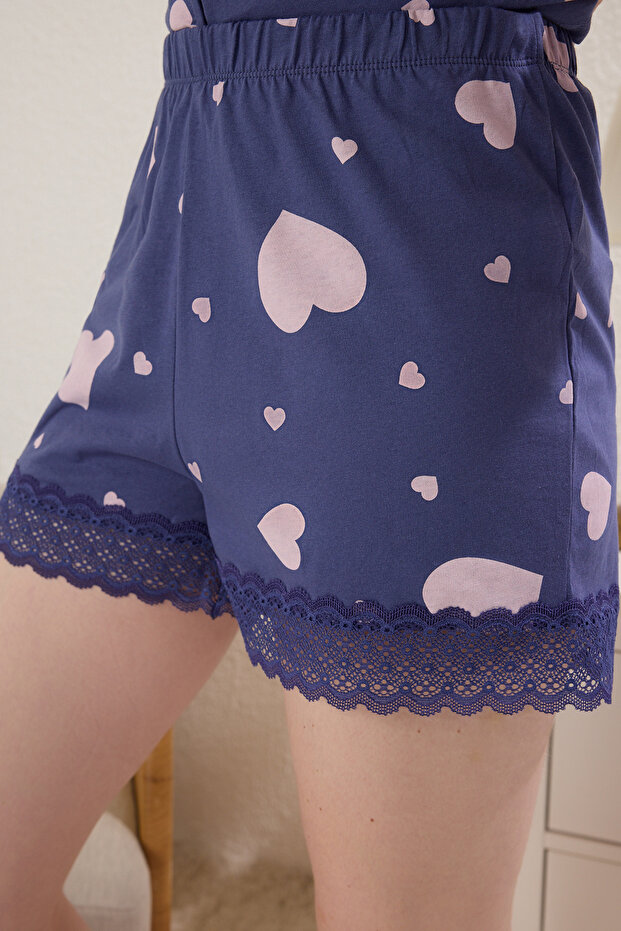 Mavi %100 Pamuklu Kalpli Dantel Detaylı Şortlu Örme Pijama Takımı THMSS25PT00302 - 4