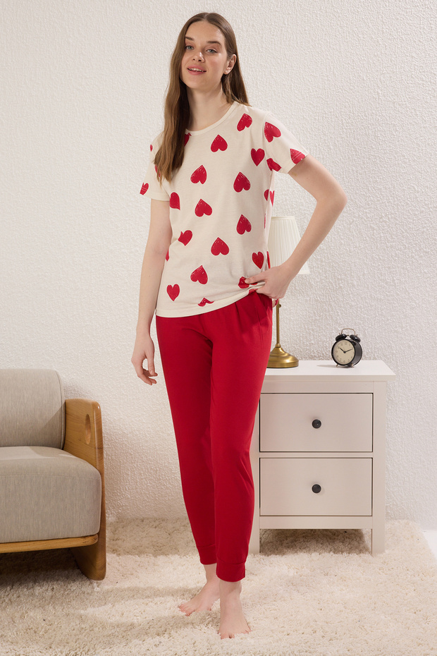 Kırmızı-Çok Renkli Pamuklu Kalpli Örme Pijama Takımı THMSS25PT00383 - 1