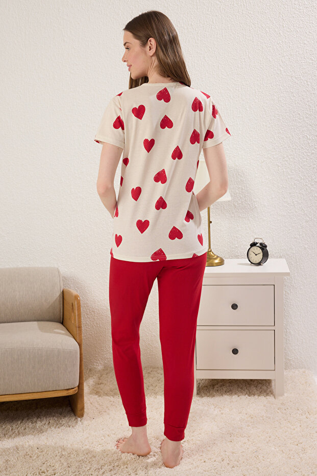 Kırmızı-Çok Renkli Pamuklu Kalpli Örme Pijama Takımı THMSS25PT00383 - 4