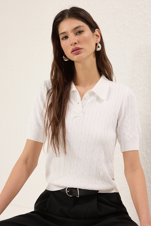 Ekru Polo Yaka Saç Örgülü Premium İplik / Özel İplik Triko İnce Bluz TWOSS25BZ00333 - 3