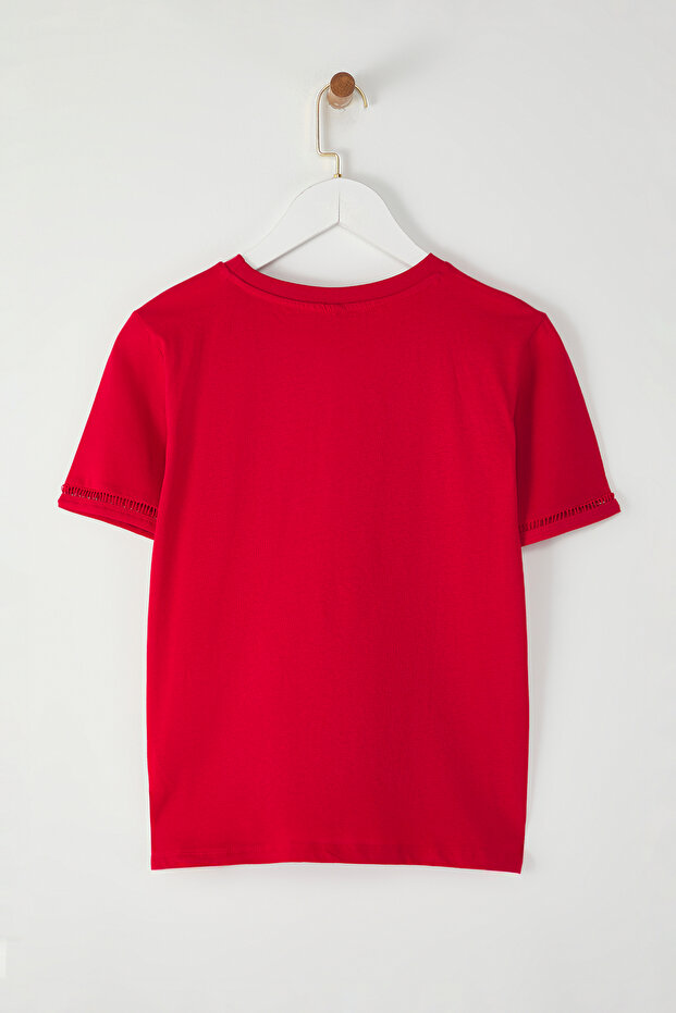 Kırmızı %100 Pamuk İşleme Detaylı Basic Bisiklet Yaka Örme T-Shirt TWOSS23TS00012 - 6