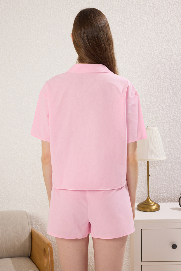 Pembe %100 Pamuklu Kendinden Desenli Şortlu Poplin Dokuma Pijama Takımı THMSS25PT00257 - 5