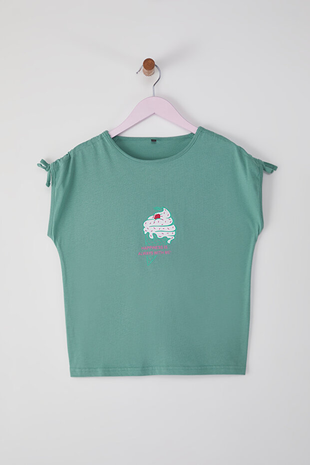 Mint Kız Çocuk %100 Pamuk Baskılı Regular/Normal Kalıp Ay Kol Örme T-Shirt TKDSS25TS00059 - 1
