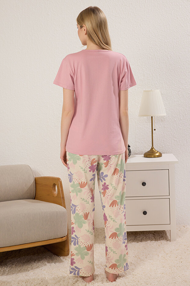 Pembe %100 Pamuklu Çiçekli Sloganlı Örme Pijama Takımı THMSS25PT00378 - 4