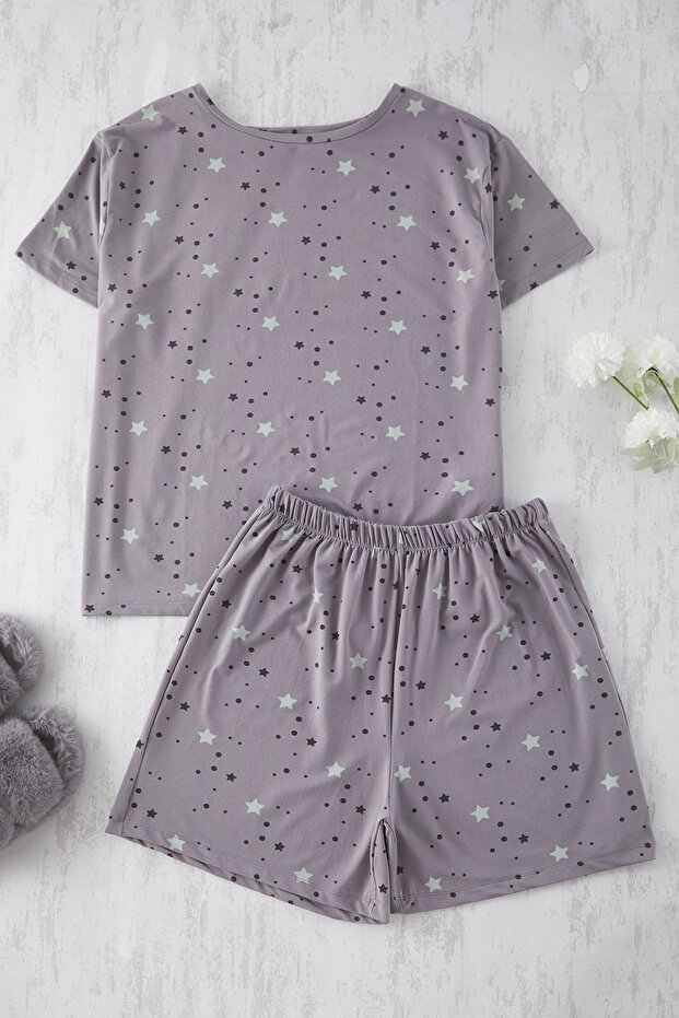 Gri Yıldız Desenli Yumuşak Tuşe Milan Örme Pijama Takımı TBBSS25AI00060 - 6