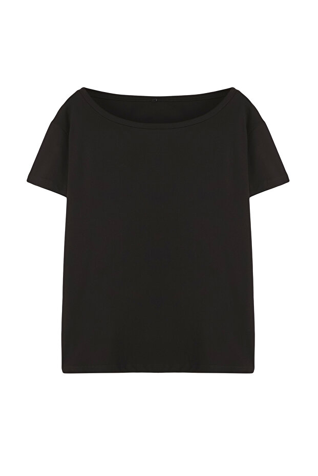 Siyah %100 Pamuk Oversize/Geniş Kalıp Kayık Yaka Örme T-Shirt TWOSS20TS0140 - 8