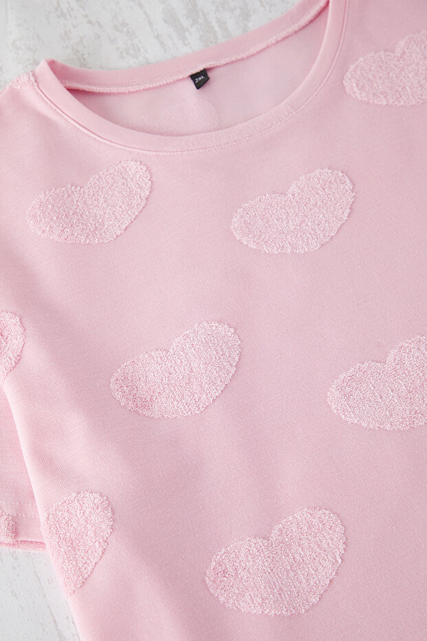 Pembe Kalp Desenli Dokulu Örme Pijama Takımı TBBSS25AI00085 - 4