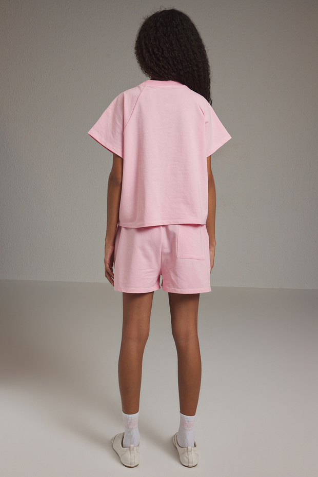 Pembe Relaxed/Rahat Kalıp Slogan Baskılı T-shirt-Şort Örme Alt-Üst Takım TWOSS25AU00104 - 4