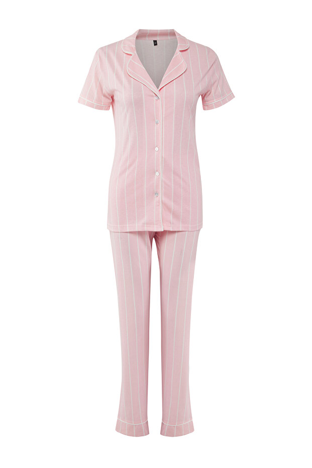 Pembe Çizgili Biye Detaylı Uyku Bantlı Örme Pijama Takımı THMSS21PT1225 - 9