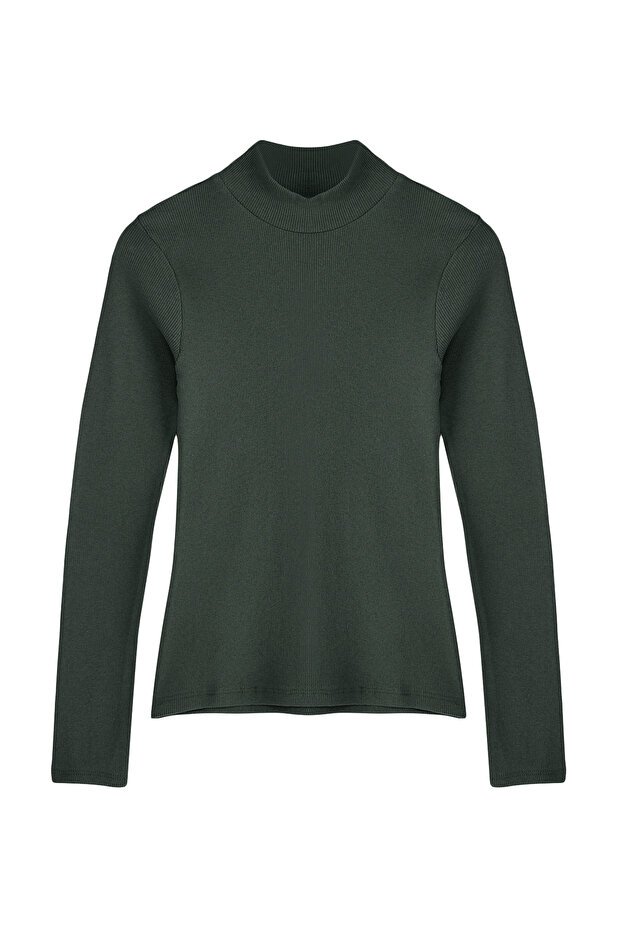 Haki Fitted/Vücuda Oturan Dik Yaka Uzun Kol Fitilli Esnek Örme Bluz TWOAW21BZ0423 - 6